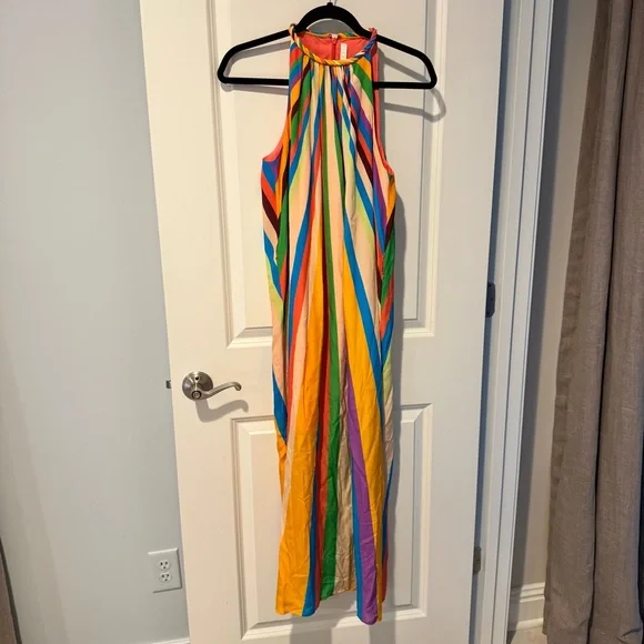 Marie Oliver Elena Striped Silk Halter Multi Colored Midi Dress | S - Picture 2 of 7